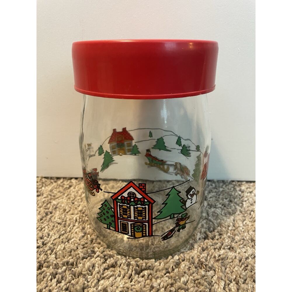 Vintage Carlton Glass Christmas Cookie Jar Red Lid Holiday Village 1980s 6.5"